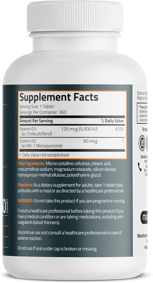 K2 D3 (MK7) D3 5000IU (125 90 K2 MK-7, 360 Bronson Vitamin Supplement Non-GMO Formula Vitamin mcg) & mcg Easy