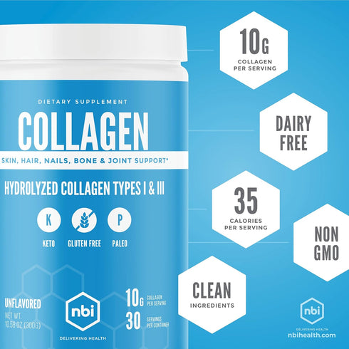NBI Unflavored, Collagen Peptides Powder, Paleo- and Keto Friendly, Type I and III Hydrolyzed Collagen, Amino Acids