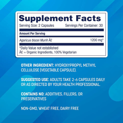 Agaricus Bio 600 mg Wellness Formula - Organic Agaricus Blazei Murill Mushroom Pills for Immune Support, 60 Caps
