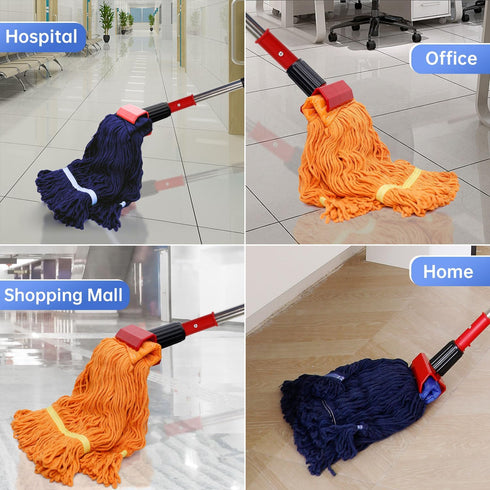 Commercial Mop Heavy Duty Industrial Mop with 77” Long Handle, Looped-End String Wet Mop, 2 Mop Heads (Blue-Orange)