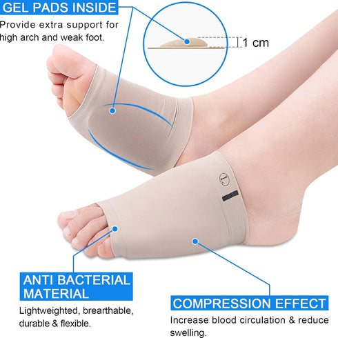 Ailaka 2 Pairs Compression Arch Support Sleeves, Cushioned Braces Gel Pads for Flat Foot Pain Relief Plantar Fasciitis