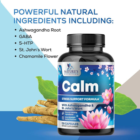 Natural Calm Unwind & Relax Support with Ashwagandha, GABA, Magnesium, 120 Vegan Capsules