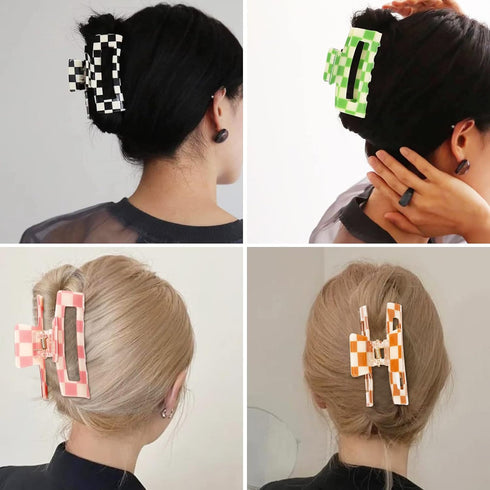 Whaline 6 Pack Checkered Hair Claw Clips - Strong Hold Rectangle Multicolored Plaid Non-Slip Hair Clips