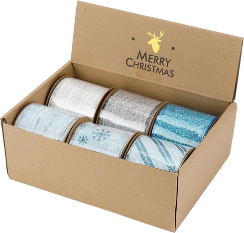 HUIHUANG Blue Ribbon for Christmas Tree, 2-1/2" x 6 Rolls, Blue and Silver Wired for Home Decor
