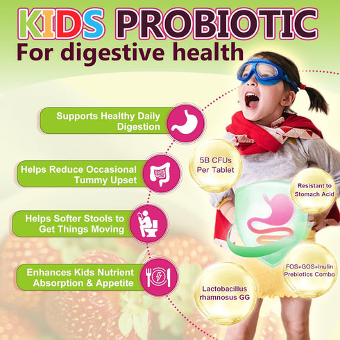 Kids Probiotic Chewable, 5 Billion CFUs + Prebiotics for Ages 3+, Natural Strawberry Flavor, 75 Servings