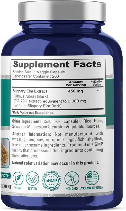 NusaPure Slippery Elm Bark 20:1 Extract - 450 mg Equivalent to 9,000mg, 200 Veggie Capsules (Non-GMO, Vegan)