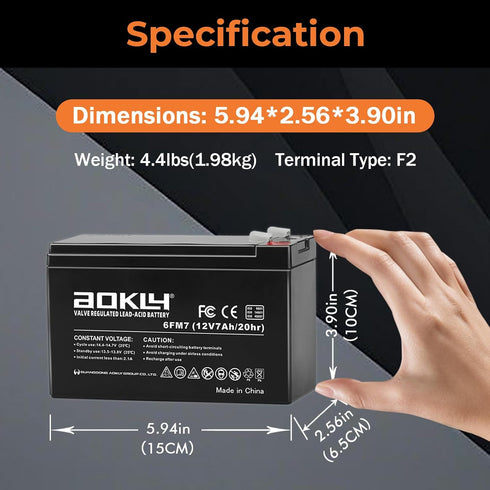 AOKLY 12V 7Ah Replacement Battery, Rechargeable Sealed Lead Acid SLA AGM Power Source, Maintenance Free, 2 Pack