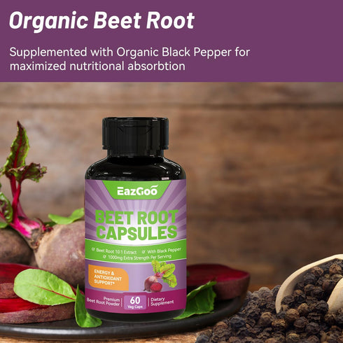 Beet Root Capsules 1000mg Per Serving - 60 Counts for Nitric Oxide Production & Blood Pressure Support