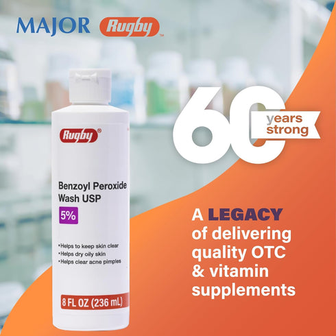 Rugby Benzoyl Peroxide Wash USP 5% - Acne Medication for Clear Skin, 8 Fl. Oz.