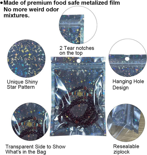 Holographic Bags 4x6 Inch, 100PCS Star Pattern Resealable Mylar Zip Lock Bags for Food Storage and Jewelry