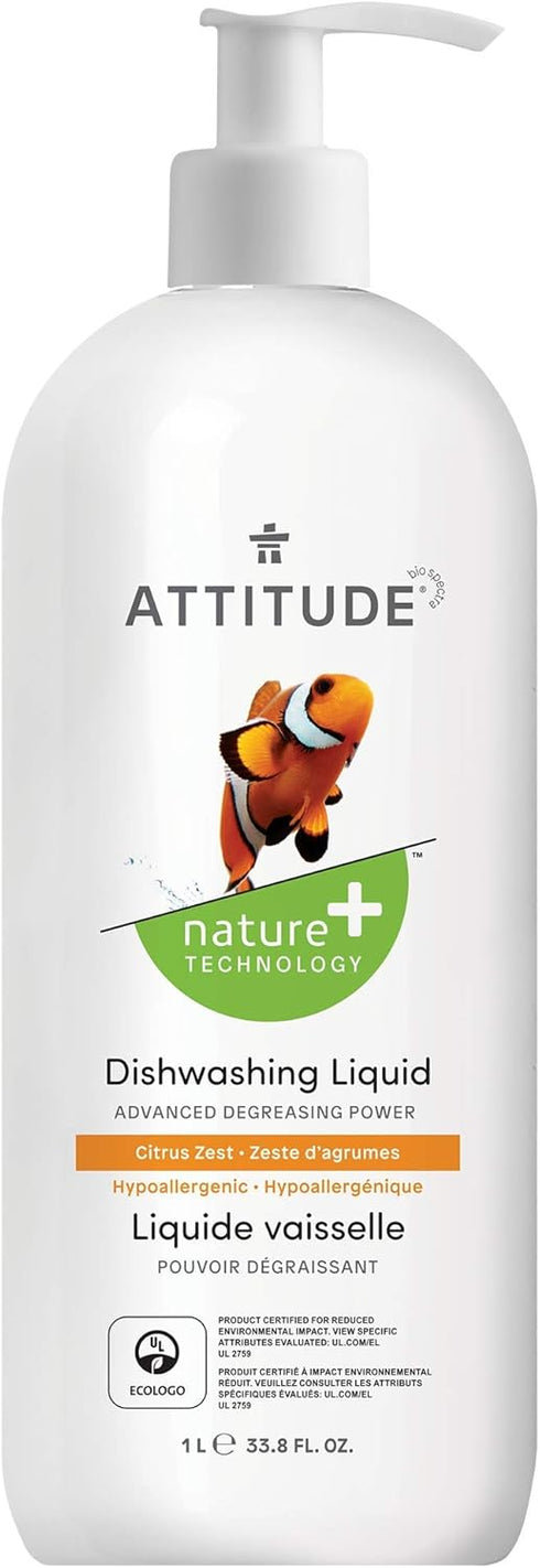 ATTITUDE Dishwashing Liquid, EWG Verified, Vegan, Plant Based, Citrus Zest, 33.8 Fl Oz