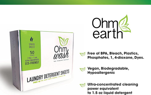 Ohm Earth’s Ohm Wash Laundry Detergent Sheets, Spring Breeze (50 Count) - Hypoallergenic & Biodegradable