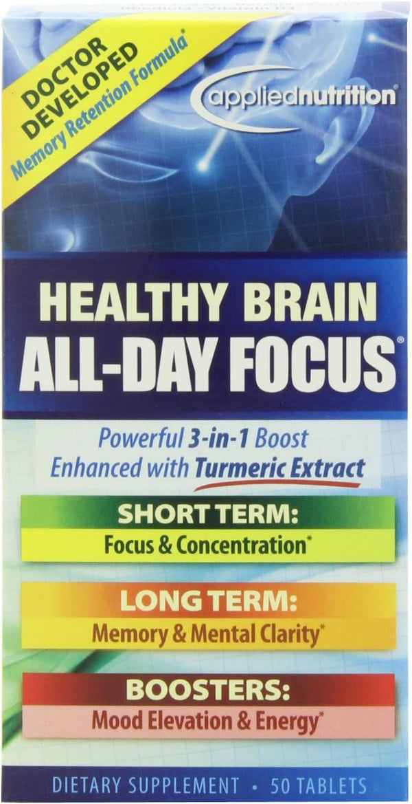 Applied Nutrition Healthy Brain All-Day Focus, 50 Tablets, 3-in-1 Brain Booster