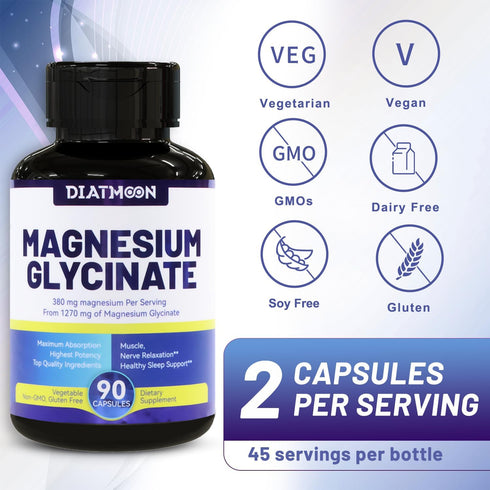 Magnesium Glycinate Capsules 380mg | 90 Counts | Non-GMO & Gluten Free | Muscle, Heart, Nerve Support, 45 Servings High