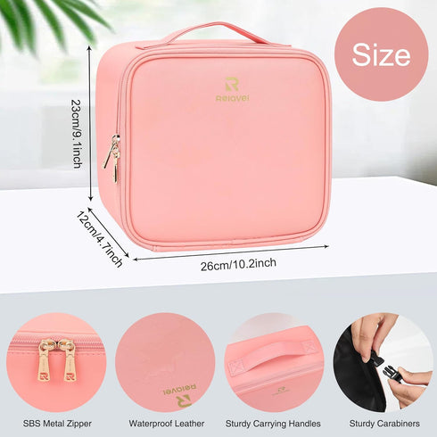 Relavel Travel Makeup Bag with LED Mirror, Waterproof Cosmetic Train Case with Adjustable Brightness, Pink