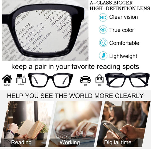 MARE AZZURO 2 Pairs Stylish Oversized Reading Glasses for Women, 1.0 1.5 2.0 2.5 3.0 3.5 (Black, 1.00)