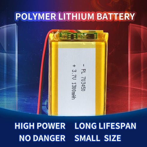 3.7V 1300mAh 703450 Lithium Polymer Ion Rechargeable Li-ion Battery with 2P PH 2.0mm Pitch Connector