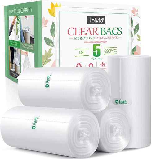 Teivio 5 Gallon 220 Counts Clear Strong Trash Bags, Garbage Bags, Bin Liners for Bathroom Home Office Kitchen