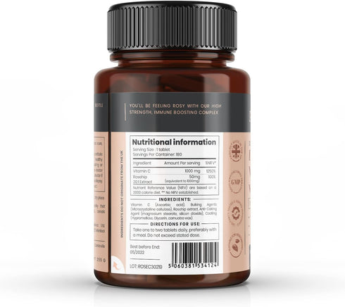 pureclinica Vitamin C with Rosehip, 2000mg (1000mg VIT C & 1000mg Rosehip Extract) x 180 Tablets - 6 Months Supply