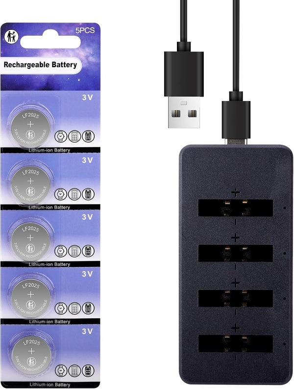 JOXIYECLTL CR2025 Rechargeable Battery with Charger 3V Coin Button Cell Lithium-ion Batteries(5PCS)
