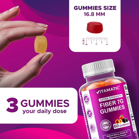 Gummies 7g 60 Count (2 Pack) Vitamatic Prebiotic Fiber for Digestive Health & Regularity, Extra Strength, Fiber per