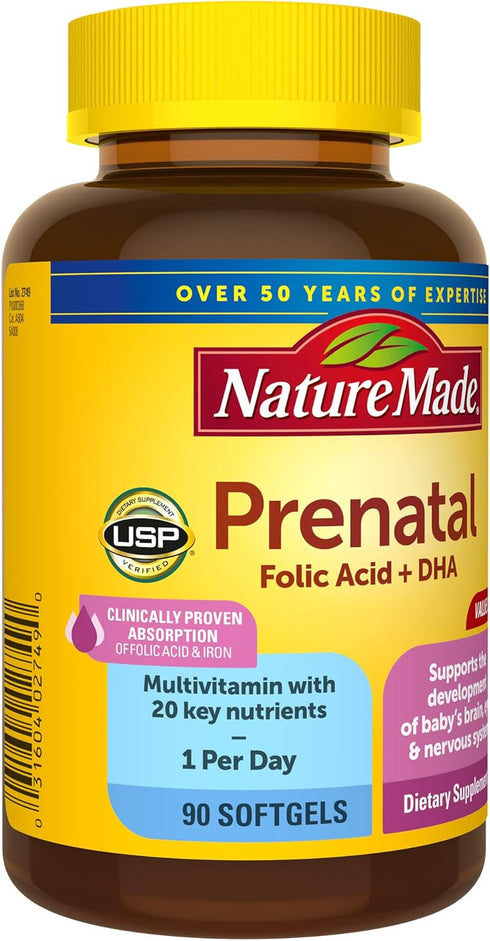 Nature Made Prenatal with Folic Acid + DHA, 90 Softgels, Prenatal Vitamin and Mineral Supplement for Daily Nutritional