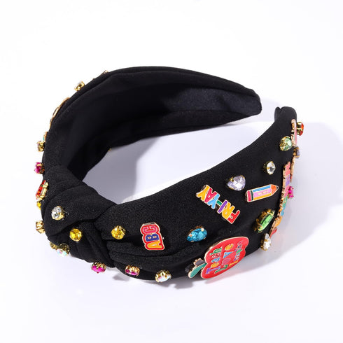 Teacher Headband Accessories, Colorful Rhinestone Crystal Jeweled Black Wide Top Knot FRI-YAY TEACHER Charm