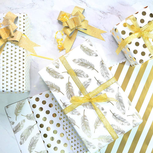 Gift Wrapping Supplies, 8 Sheets White Gold Gift Wrapping Paper, 10 Pull Bows, 24 Yard Glitter Ribbon, 12 Thank You