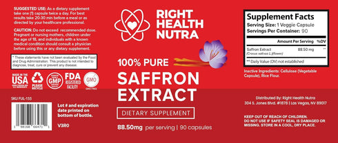 Saffron Extract, 88.50mg, 90 Capsules, 100% Pure Saffron Supplements, Improves Mood, Saffron Pills for Eyesight