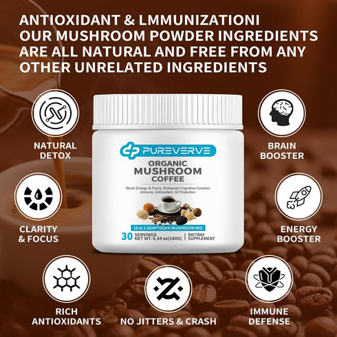 Pureverve Organic10 30 Mushroom Coffee, Mushroom Extract Powder Blend Lion's Mane, Reishi, Chaga, Cordyceps, Turkey