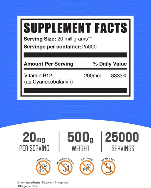 BulkSupplements.com Vitamin B12 Powder - Cyanocobalamin, Vitamin B Supplement, 200 mcg, Essential Vitamin, Gluten Free,