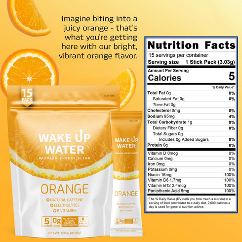 Wake Up Water - Energy + Hydration Packets (15 Pack), Orange Flavor - Electrolytes Powder Drink Mix, Sugar Free