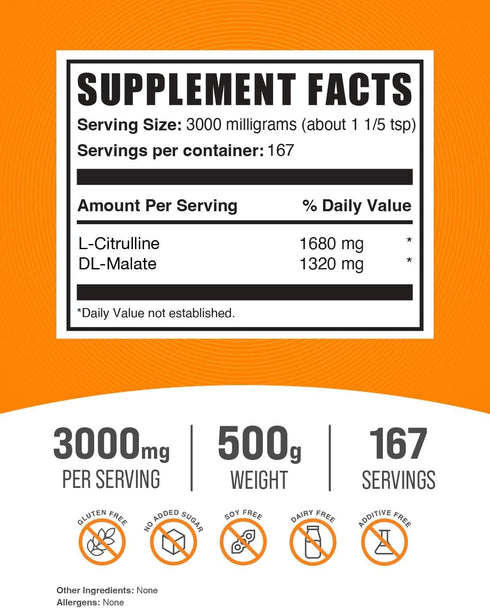 BulkSupplements.com L-Citrulline Malate 1:1 Powder - Unflavored Citrulline Supplement, 500g (1.1 lbs)