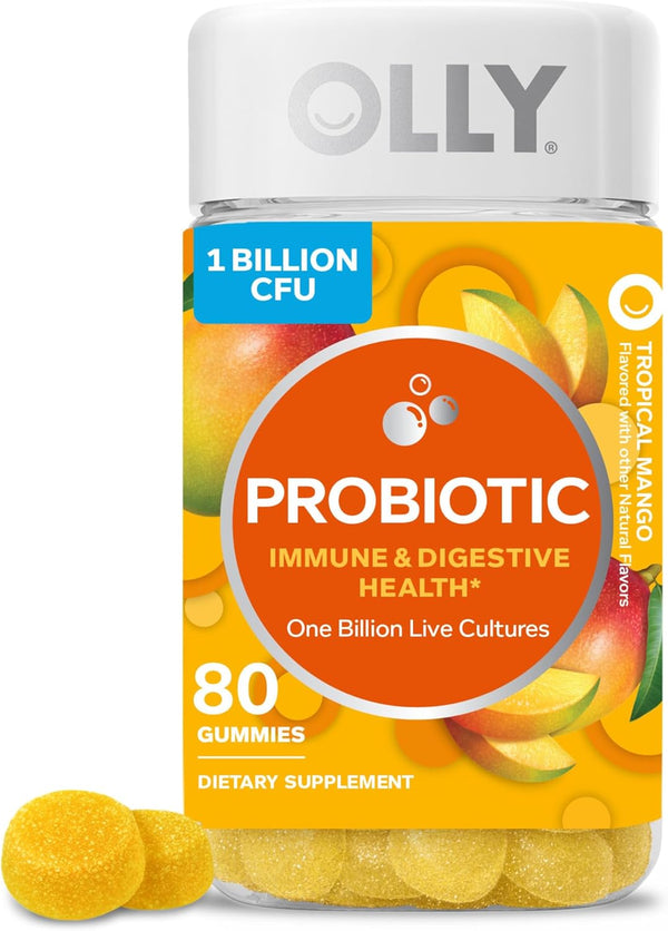 OLLY Probiotic Gummy, 1 Billion CFUs - Immune and Digestive Support, Chewable Supplement, Mango, 80 Count