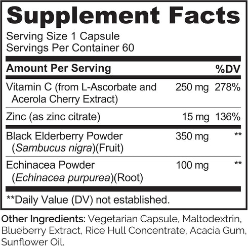 Immune Immunity 60 NATURELO Support Vitamin C, Elderberry, Zinc, Echinacea Natural Boost w/Antioxidant, Herbal