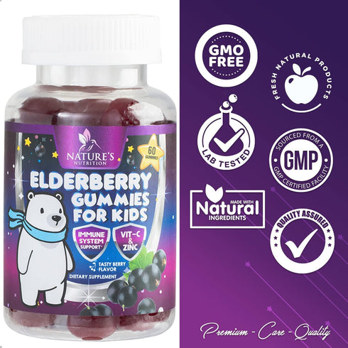 Sambucus Elderberry Gummies for Kids with Vitamin C, Zinc & Elderberry, 60 Non-GMO Berry Flavor Gummies, Ages 2 Up