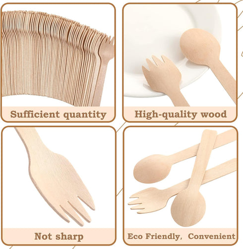 200 Count Disposable Wooden Cutlery Set, 100 Mini Wooden Spoons & 100 Mini Wooden Forks for Parties, Weddings, Camping