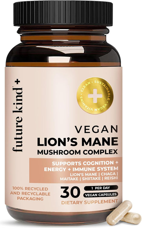 Future Kind Vegan Lion's Mane Mushroom Complex - Brain Supplement Capsules with Chaga, Maitake, Shiitake, Reishi (30ct)