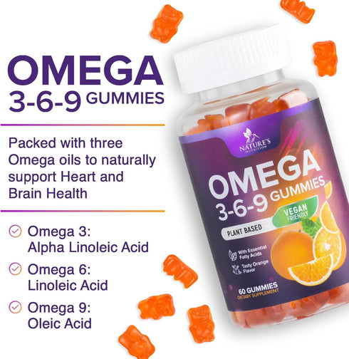 Omega 3 6 9 Vegan Gummies, 60 Gummies - Triple Strength Omega 3 Supplement for Heart & Brain Support