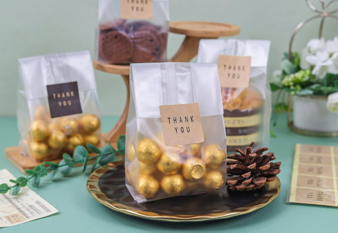 Cellophane Treat Bags for Cookies, Candy, Chocolates, Clear Gift Bag with Stickers (Fog, 9x3.3inch)