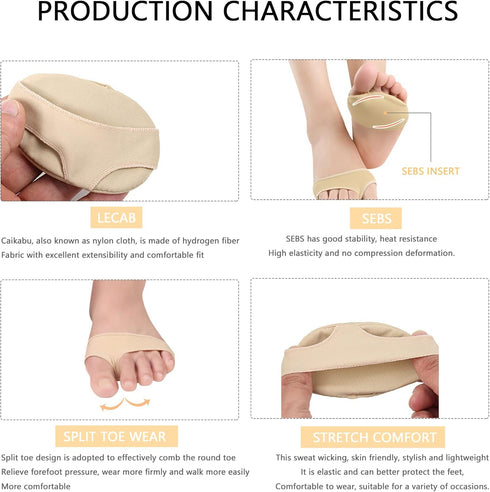 Ball of Foot Cushions for Women, 4 Pairs Fabric Metatarsal Pads for Pain Relief and Foot Health Care