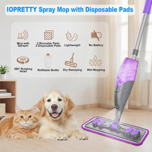 IOPRETTY 2 2 Spray Mops for Floor Cleaning - Wet Dry Mops with Washable + Disposable Pads for Swiffer Powermop