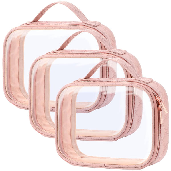PACKISM TSA Approved Toiletry Bag, 3 Pack Clear Makeup Bags with Handle for Travel Essentials, Quart-sized Rose Pink