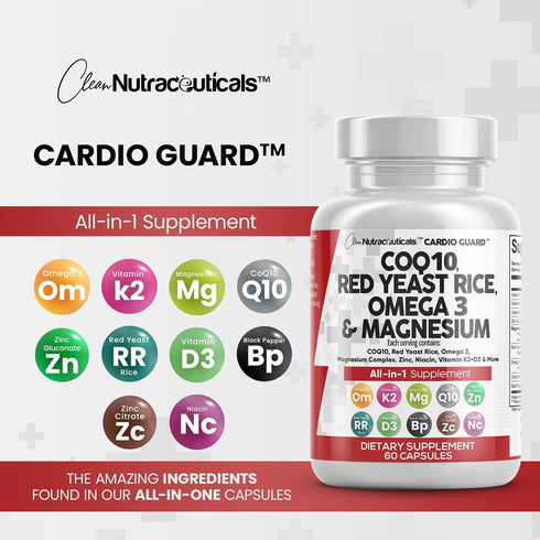 COQ10 200mg, Red Yeast Rice 3000mg, Omega 3 3000mg - Heart Health Support Vitamins for Women and Men, 60 Ct