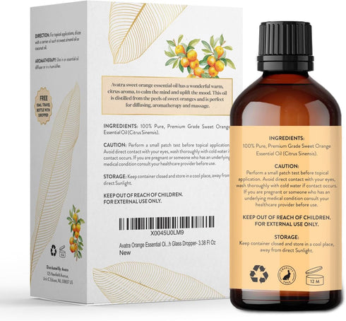 Avatra Orange Essential Oil for Diffuser, Skin, Aromatherapy | Natural & Undiluted | 3.38 Fl Oz with Glass Dropper