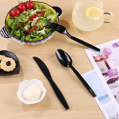 Plastic Disposable Spoons, Individually Packaged, 7-Inch Black Commercial Take Away, 100 PCS