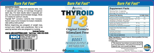 Fat Burning Metabolism Boosting Supplement | Thyroid T-3 | 60 Capsules