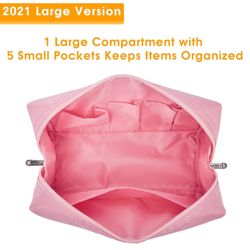 Narwey Cute Makeup Bag, Travel Cosmetic Organizer with Compartments for Women and Girls, Large, Pink