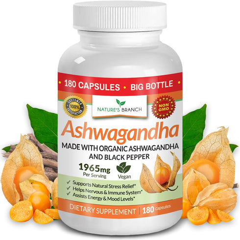 UDAF Certified Organic Ashwagandha with Black Pepper | 180 Capsules, 1965mg Extra Strength for Stress, Sleep, Mood