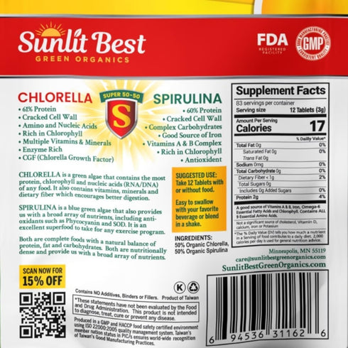 Sunlit Super 50/50 Organic Chlorella Spirulina Tablets, Super Greens Supplement for Immune Support, 1000 Superfood Tabs